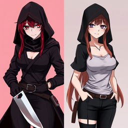 A red-haired, red-eyed assassin wearing black clothing and a hood, holding a machete in her hand, standing next to her normal version