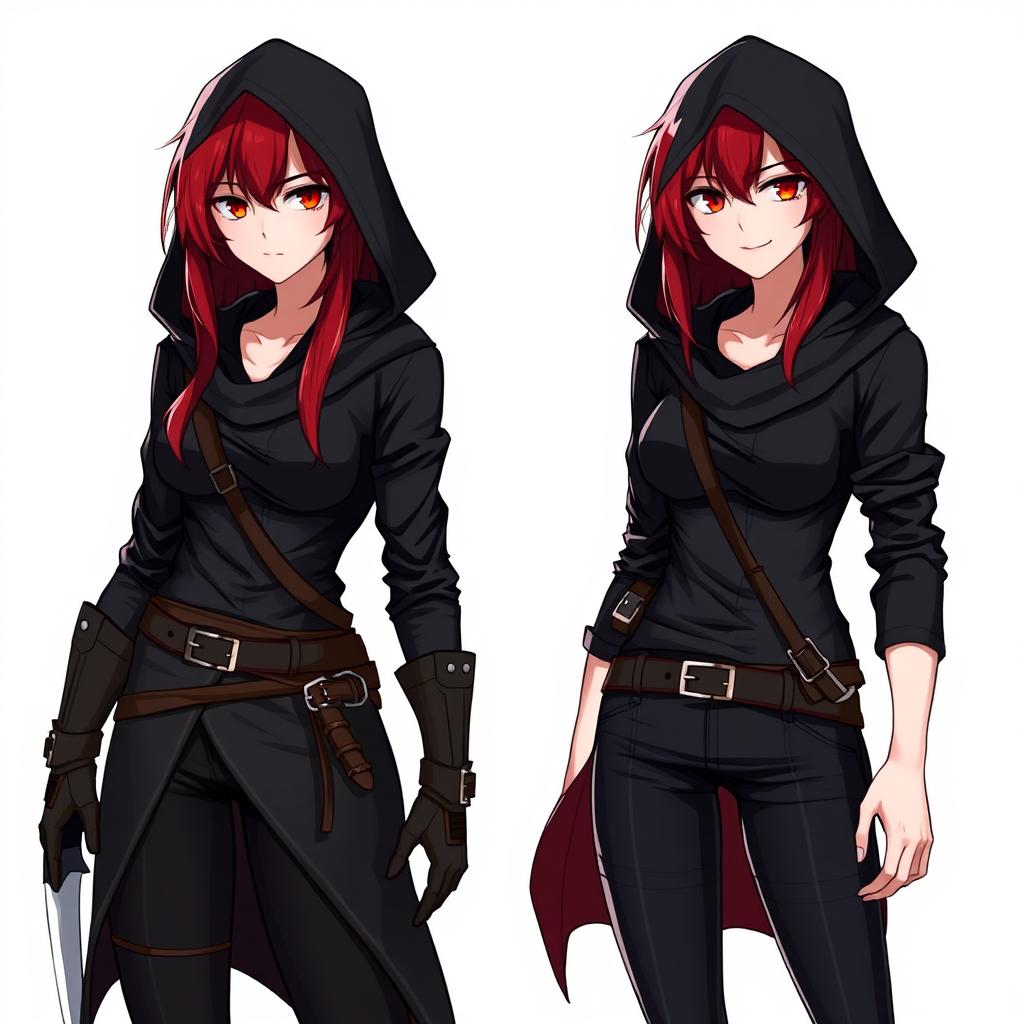 A red-haired, red-eyed assassin wearing black clothing and a hood, holding a machete in her hand, standing next to her normal version