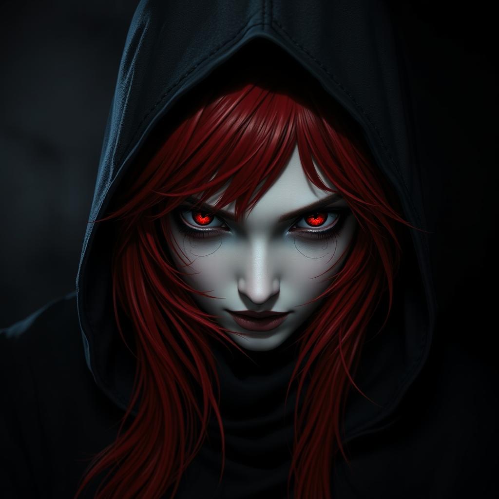 A red-haired assassin with red eyes, wearing black clothing and a hood