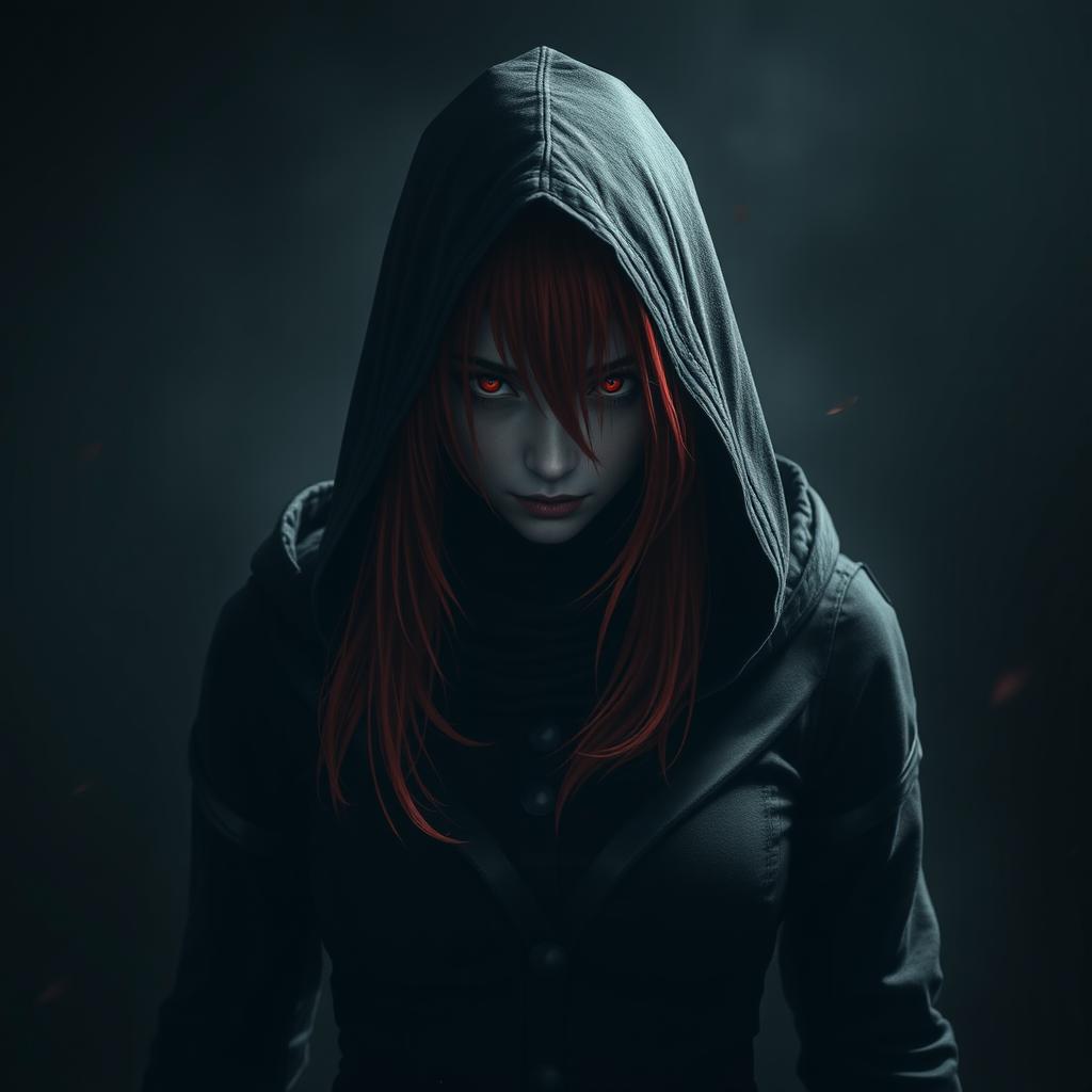 A red-haired assassin with red eyes, wearing black clothing and a hood