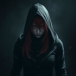 A red-haired assassin with red eyes, wearing black clothing and a hood