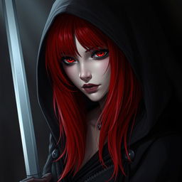 A red-haired assassin with red eyes, wearing black clothing and a hood