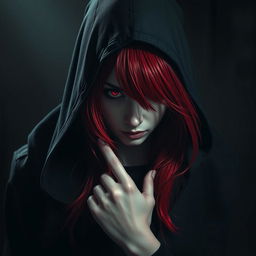 A red-haired assassin with red eyes, wearing black clothing and a hood