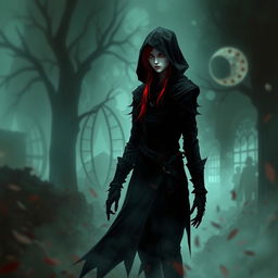 A red-haired, red-eyed assassin wearing black clothing and a hood, standing in a surreal, illusionary environment