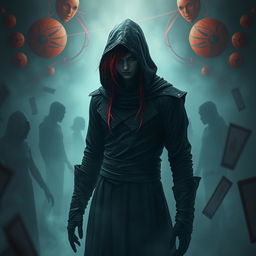 A red-haired, red-eyed assassin wearing black clothing and a hood, standing in a surreal, illusionary environment