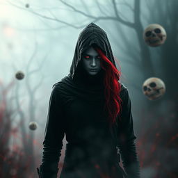 A red-haired, red-eyed assassin wearing black clothing and a hood, standing in a surreal, illusionary environment