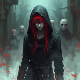 A red-haired, red-eyed assassin wearing black clothing and a hood, standing in a surreal, illusionary environment