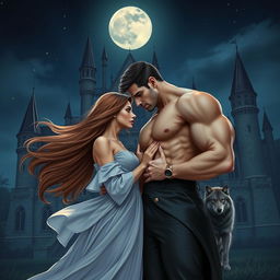 A beautiful woman with flowing hair and an elegant dress stands close to a tall, handsome man with chiseled features in front of a majestic castle