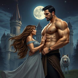 A beautiful woman with flowing hair and an elegant dress stands close to a tall, handsome man with chiseled features in front of a majestic castle