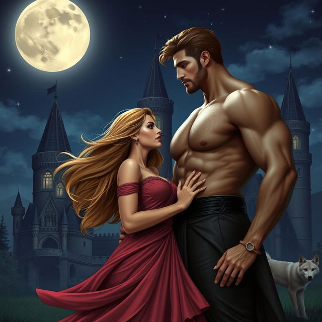 A beautiful woman with flowing hair and an elegant dress stands close to a tall, handsome man with chiseled features in front of a majestic castle