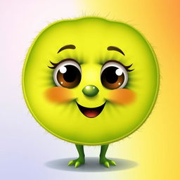 Create an image featuring a cute, anthropomorphic kiwi fruit character with big eyes and a smiling face