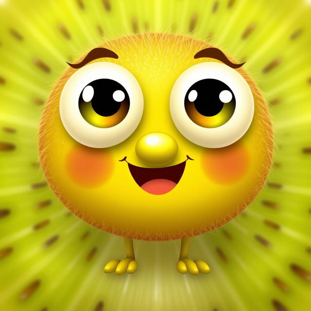 Create an image featuring a cute, anthropomorphic kiwi fruit character with big eyes and a smiling face