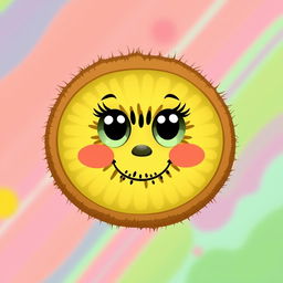 Create an image featuring a cute, anthropomorphic kiwi fruit character with big eyes and a smiling face