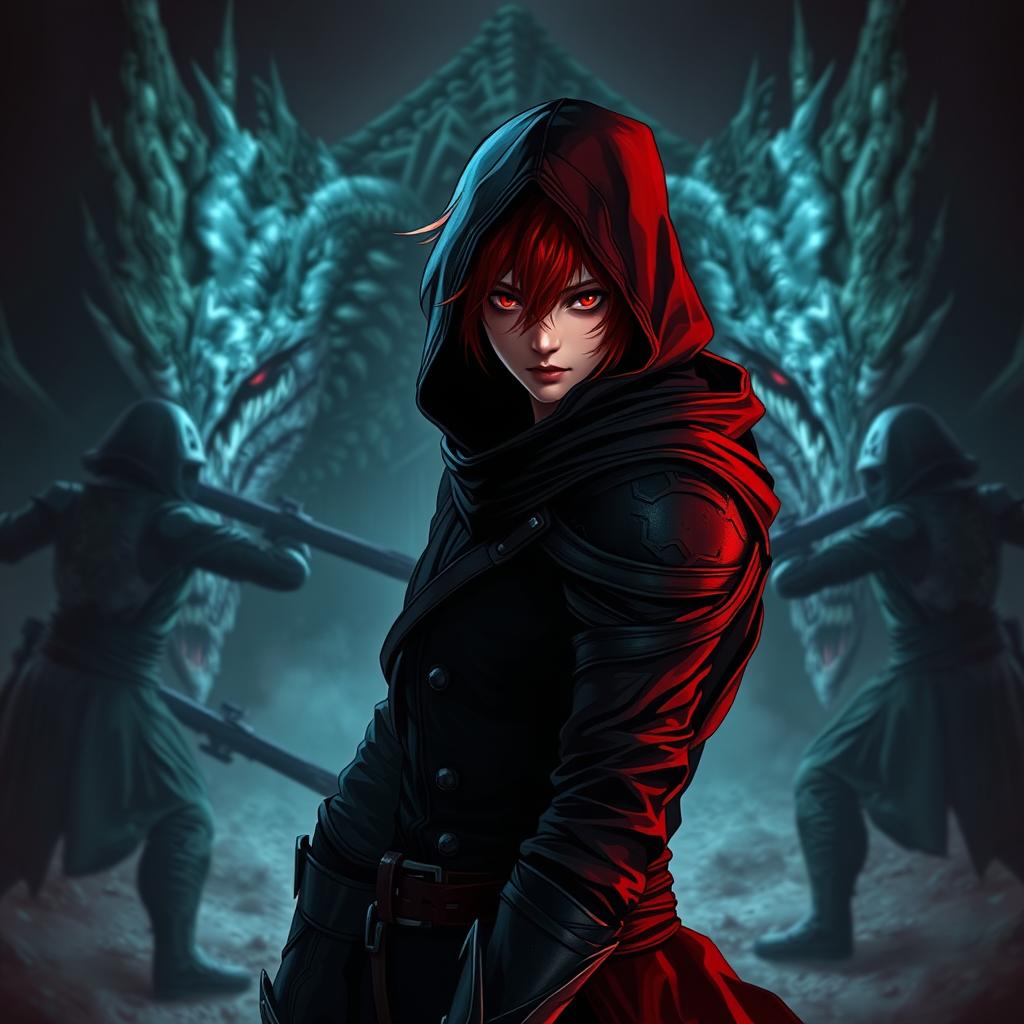 A red-haired, red-eyed assassin wearing black clothing and a hood, standing in front of large monsters