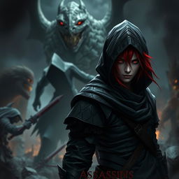 A red-haired, red-eyed assassin wearing black clothing and a hood, standing in front of large monsters