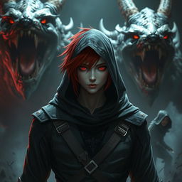 A red-haired, red-eyed assassin wearing black clothing and a hood, standing in front of large monsters