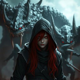 A red-haired, red-eyed assassin wearing black clothing and a hood, standing in front of large monsters