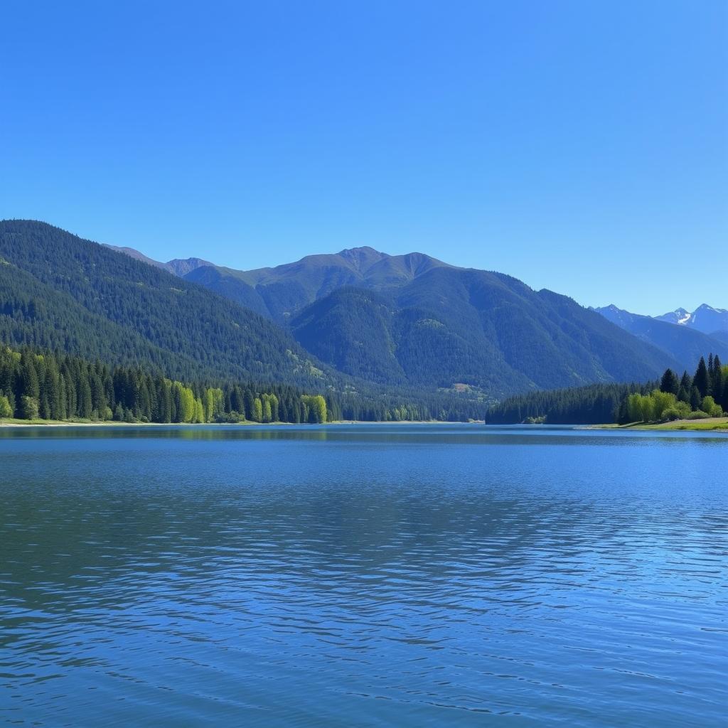 A serene landscape featuring a calm lake surrounded by lush green trees and mountains in the background under a clear blue sky