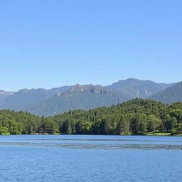 A serene landscape featuring a calm lake surrounded by lush green trees and mountains in the background under a clear blue sky