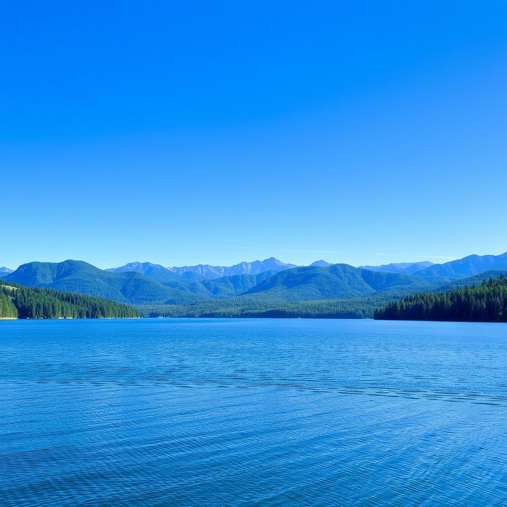 A serene landscape featuring a calm lake surrounded by lush green trees and mountains in the background under a clear blue sky