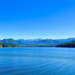 A serene landscape featuring a calm lake surrounded by lush green trees and mountains in the background under a clear blue sky