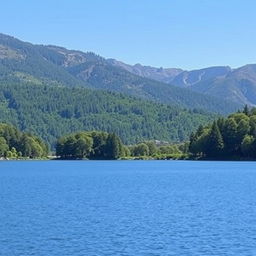 A serene landscape featuring a calm lake surrounded by lush green trees and mountains in the background under a clear blue sky