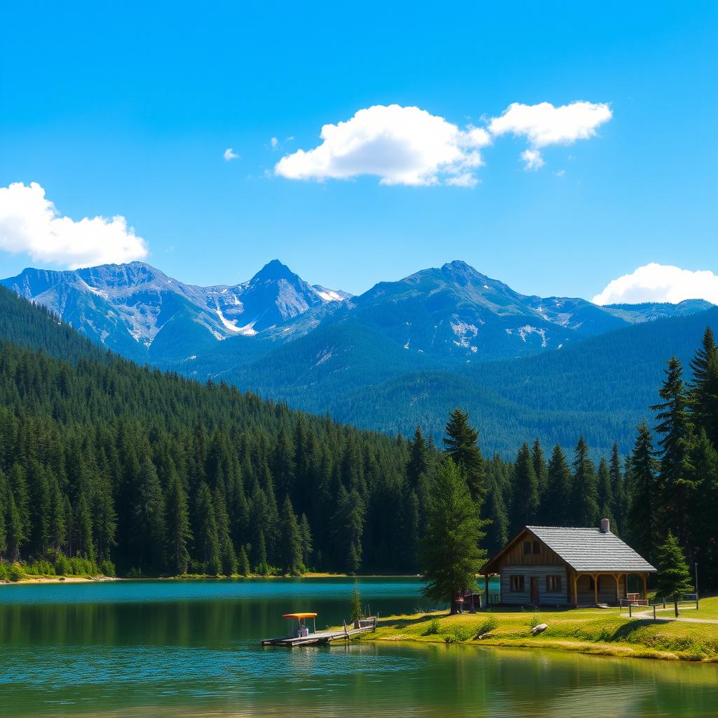 Create a beautiful landscape featuring a serene lake surrounded by mountains and dense forest