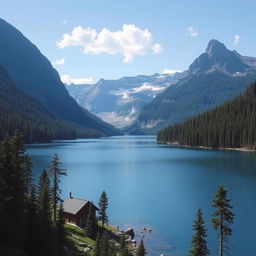 Create a beautiful landscape featuring a serene lake surrounded by mountains and dense forest