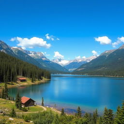 Create a beautiful landscape featuring a serene lake surrounded by mountains and dense forest