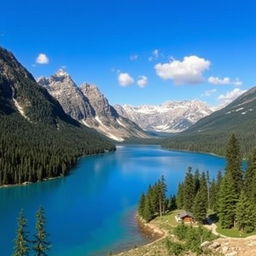 Create a beautiful landscape featuring a serene lake surrounded by mountains and dense forest