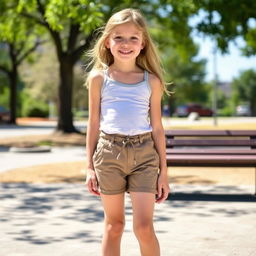 A young girl wearing very short shorts, standing in a casual outdoor setting