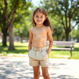 A young girl wearing very short shorts, standing in a casual outdoor setting