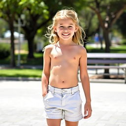 A young girl wearing very short shorts, standing in a casual outdoor setting