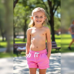 A young girl wearing very short shorts, standing in a casual outdoor setting