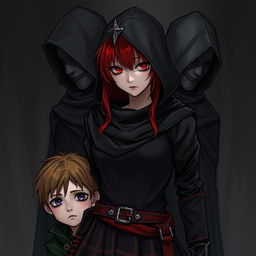 A red-haired, red-eyed assassin wearing black clothing and a hood, standing with another assassin behind her