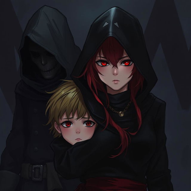 A red-haired, red-eyed assassin wearing black clothing and a hood, standing with another assassin behind her