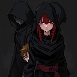 A red-haired, red-eyed assassin wearing black clothing and a hood, standing with another assassin behind her