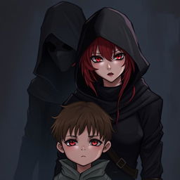 A red-haired, red-eyed assassin wearing black clothing and a hood, standing with another assassin behind her