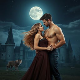 A beautiful woman with flowing hair and an elegant dress stands close to an attractive shirtless man in front of a majestic castle