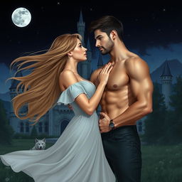 A beautiful woman with flowing hair and an elegant dress stands close to an attractive shirtless man in front of a majestic castle