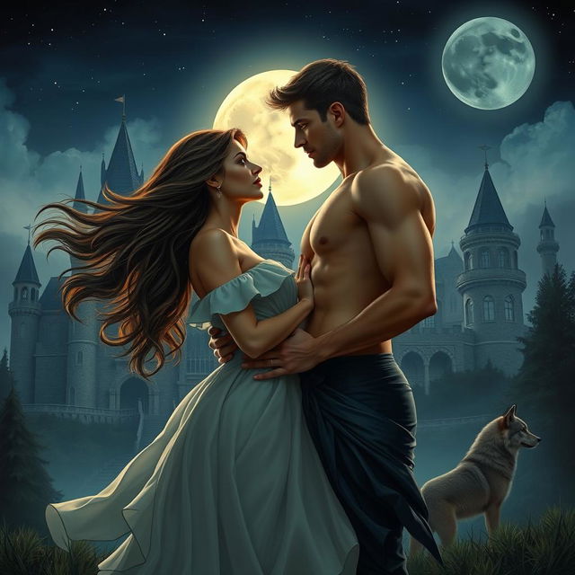 A beautiful woman with flowing hair and an elegant dress stands close to an attractive shirtless man in front of a majestic castle