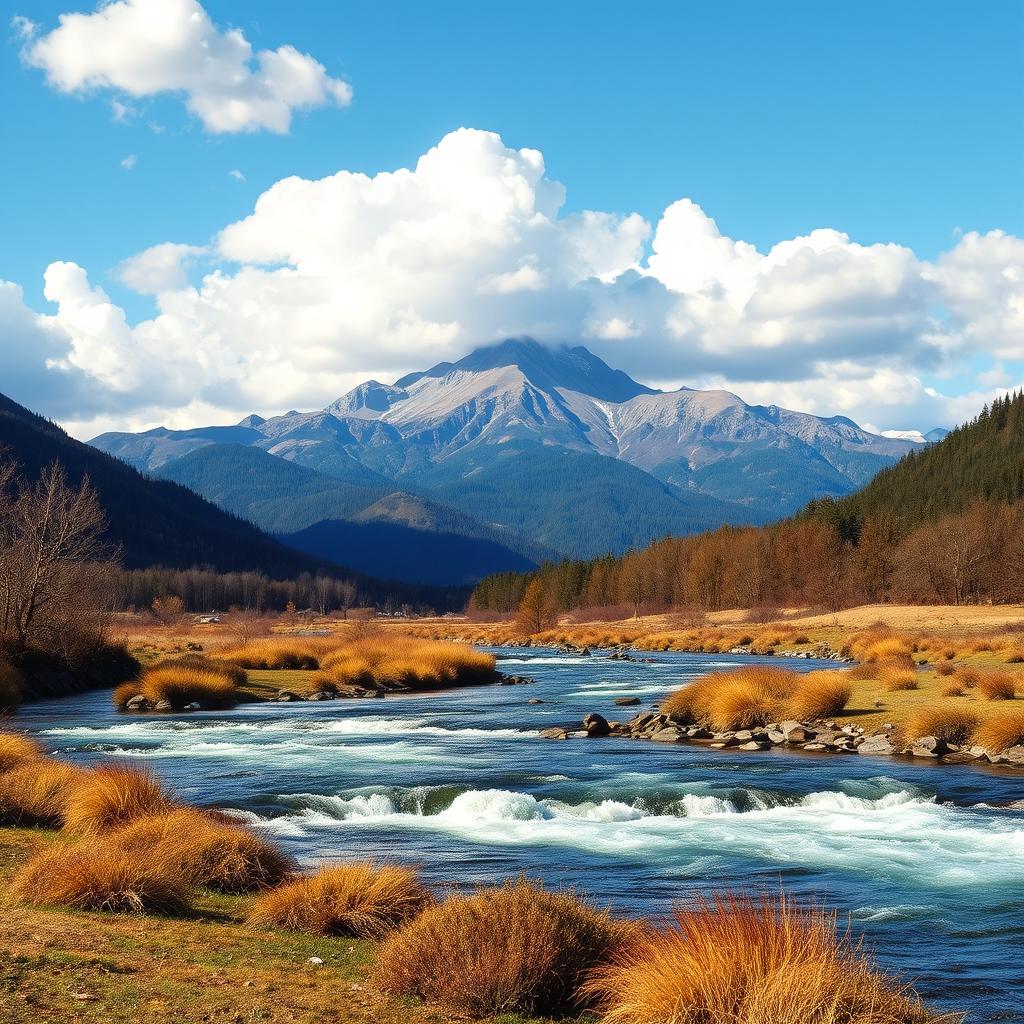 A beautiful landscape with mountains in the background, a flowing river in the foreground, and a clear blue sky with fluffy white clouds