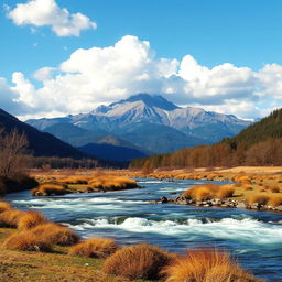A beautiful landscape with mountains in the background, a flowing river in the foreground, and a clear blue sky with fluffy white clouds
