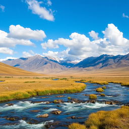 A beautiful landscape with mountains in the background, a flowing river in the foreground, and a clear blue sky with fluffy white clouds