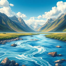 A beautiful landscape with mountains in the background, a flowing river in the foreground, and a clear blue sky with fluffy white clouds