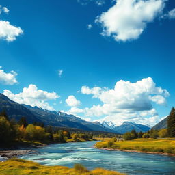 A beautiful landscape with mountains in the background, a flowing river in the foreground, and a clear blue sky with fluffy white clouds