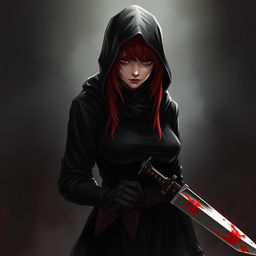 A red-haired, red-eyed assassin wearing black clothing and a hood, holding a machete in her hand