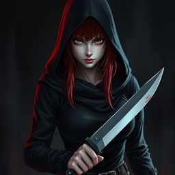 A red-haired, red-eyed assassin wearing black clothing and a hood, holding a machete in her hand