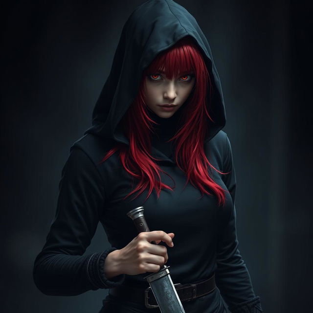 A red-haired, red-eyed assassin wearing black clothing and a hood, holding a machete in her hand