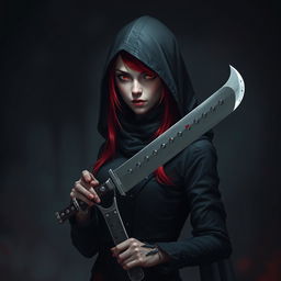 A red-haired, red-eyed assassin wearing black clothing and a hood, holding a machete in her hand